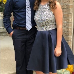 Navy blue, rhinestone top, open back homecoming dress